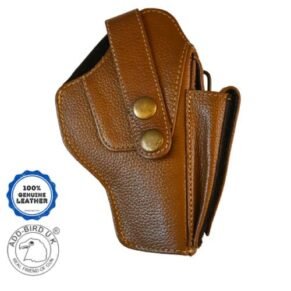 Elegant tan leather pistol holster offering secure, durable, and stylish firearm storage."