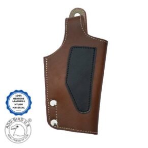 Brown leather pistol holster cover designed for secure in-and-out carry and stylish firearm storage."