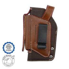 Brown leather and black nylon pistol holster cover designed for durability, style, and secure firearm storage. - gunguru